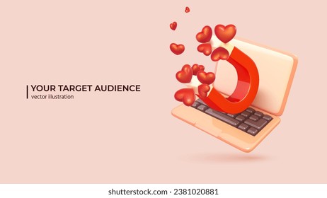 Icono de imanes y corazones que flota fuera de la pantalla del portátil - 3D Concept. Atraer clientes y público objetivo en las redes sociales. Ilustración vectorial 3D en caricatura de estilo mínimo.