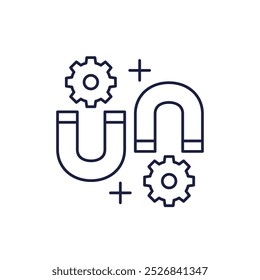 Icono de imanes con engranajes, Vector de línea