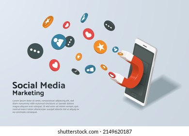 Magnets on smartphone screen attracting social media content icons. Attract customers and target audience. Social media marketing. 3D isometric vector illustration.