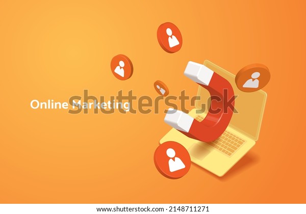 Magnets and profile icon  that float\
out of laptop screen. Attract customers and target audience on\
social networks. 3D isometric vector\
illustration