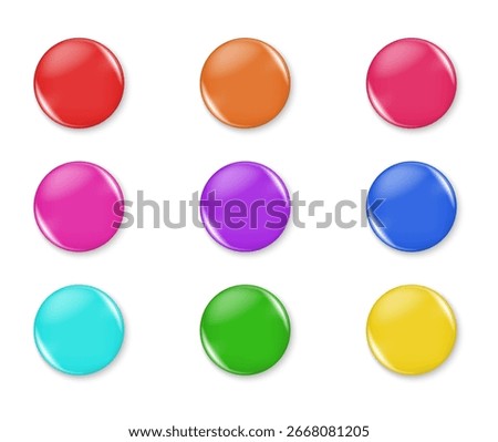 Magnet-style round buttons in multiple colors, realistic glossy design, isolated on white. Ideal for badges, labels, UI elements, and graphic or web design projects.