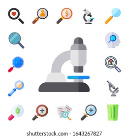 magnification icon set. 17 flat magnification icons. Included magnifying glass, search, microscope, zoom in, glass icons