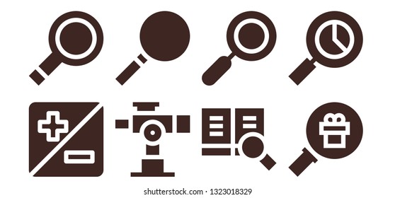 magnification icon set. 8 filled magnification icons.  Simple modern icons about  - Zoom, Magnifying glass, Telescope, Loupe, Search