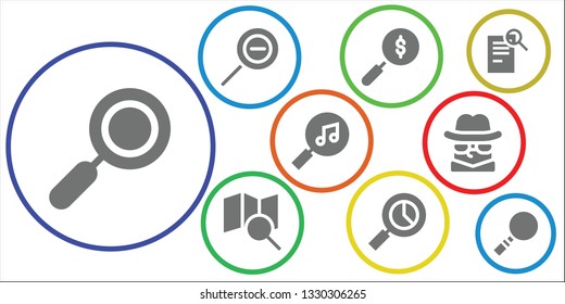 magnification icon set. 9 filled magnification icons.  Collection Of - Zoom, Zoom out, Search, Detective, Magnifying glass