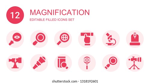 magnification icon set. Collection of 12 filled magnification icons included Glass, Loupe, Search, Searching, Microscope, Telescope