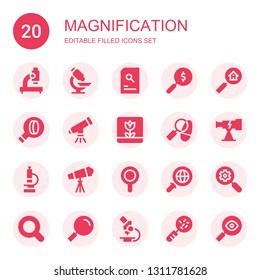 magnification icon set. Collection of 20 filled magnification icons included Microscope, Search, Telescope, Macro, Detective, Magnifier, Magnifying glass, Loupe