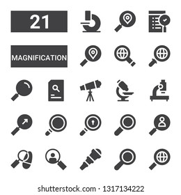 magnification icon set. Collection of 21 filled magnification icons included Search, Telescope, Loupe, Detective, Find, Magnifying glass, Microscope, Searching