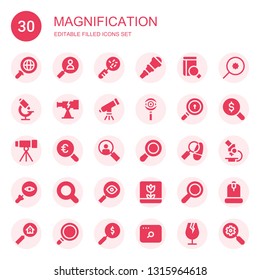 magnification icon set. Collection of 30 filled magnification icons included Search, Loupe, Telescope, Microscope, Magnifying glass, Detective, Glass, Macro