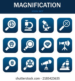 magnification icon set. Vector  illustrations related with Magnifying glass, Microscope and Microscope