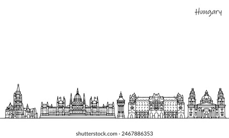 Magnificent architecture of Hungary. Streets and parks of a European country. Hand drawn landmarks on the theme of travel and tourism. 