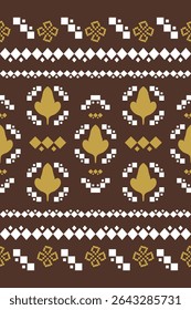 Magnificent Beautiful Cross Stitch Handicraft Ornament White Yellow on Brown. Autumn Warm Botany Style Knit Wear Pattern. Minimal Geometric Border for All Kind of Decoration Garment Scarf Tiles Mosaic