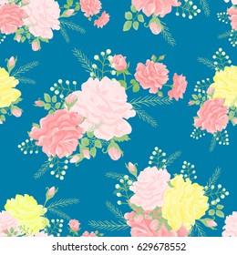 Magnificent bouquet.Beautiful seamless pattern with pink,red,yellow roses on a blue background.Vector illustration in the style of shabby chic.Print for book covers, textile,fabric,wrapping gift paper