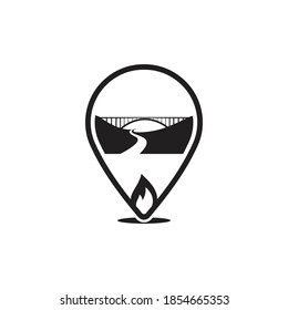 The magnificent bridge design is made in a frame in the form of a position mark on the map and a small fire under it, can be used for logo and icon designs