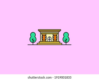 The magnificent building is orange with a tree beside it isolated on color background. Architectural vector illustration. Suitable for landing pages, icons, stickers and posters.