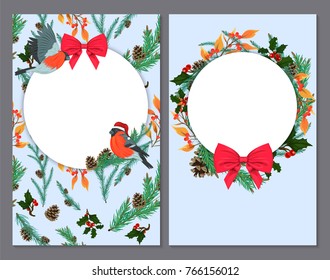 Magnificent Christmas cards with twigs of needles and birds. Holiday cards with floral elements, birds and bows