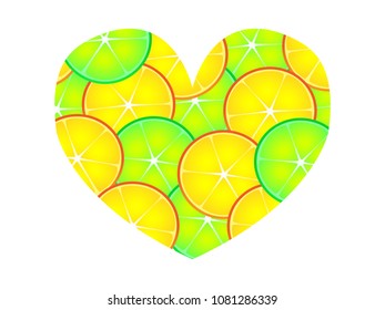 Magnificent citrus heart design made of orange and lime halves on a white background
