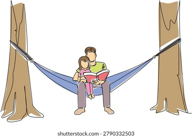 Magnificent continuous line drawing portraying father and daughter reading story book on hammock. A sweet summer camping concept crafted perfectly for International Picnic Day nature social posts.