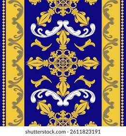 Magnificent Curly Stipe Ornament Baroque Rococo Style with Yellow Blue White Gold Scroll Ornament Geometric Pattern for Elaborate Design Elegance Apparel Fabrics Wallpaper Tiles Ceramic Interior Lace