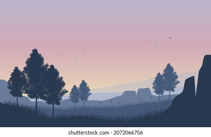 Magnificent Cypress Tree Silhouette View Of The Mountains From The Outskirts Of The City At Sunrise. Vector Illustration Of A City