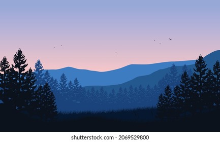 Magnificent cypress tree silhouettes at dusk from out of the city. Vector illustration of a city