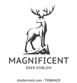 Magnificent Deer emblem, illustration, logotype - the stag stands on the edge of the cliff, on a with background.