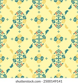 Magnificent Exquisitely Scroll Ornament Baroque Style Green and Gold Decoration on Light Yellow Pastel Seamless Pattern Vector Luxury Botanical Opulence Monogram for Apparel Handkerchief Wallpaper Tie