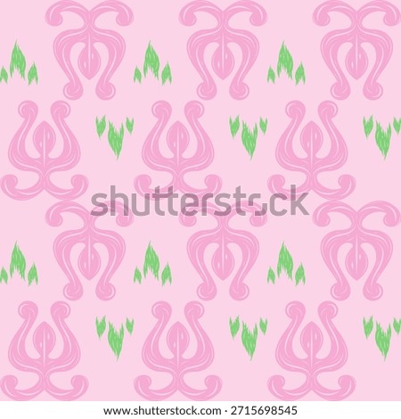 Magnificent Fine Pink and Green Scroll Hand Drawn Ornament. Gentle and Sweet Tone Pattern Ancient Thai Motif Combine Western Seamless Repeat Design for Craft Campaign, Silk, Weaving, Homespun, Textile