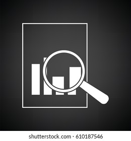 Magnificent glass on paper with chart icon. Black background with white. Vector illustration.