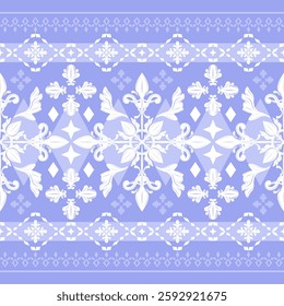 Magnificent Haute Couture white Silver Silk Weaves on Lavender Background Seamless Border Pattern. Flawless Scroll Ornament Medieval Grandiose Victorian Florals for Decoration Fashion Embroidery Rug  