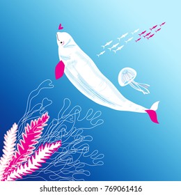 Magnificent illustration of a white enamored whale on a blue background