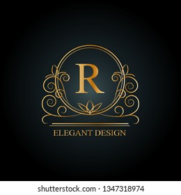 Magnificent logo of the template with a calligraphic letter R. Elegant line ornament. Monogram design, business identity badge for a restaurant, royalty, boutique, cafe, hotel. Vector illustration