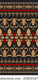 Magnificent Luxury Border with Golden Silk Weaves Detailed Embroidery on Black Background Elaborate Exquisitely Fine Border Pattern Vector with Beautiful Hand drawn Florals Scarlet Ornament Decoration