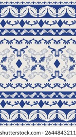 Magnificent Of Luxury Royal Blue Azulejo Inspired on Light Beige Background. Delicate Beautiful Traditional Motif Detailed of Scroll Ornament and Geometric for Glamorous Style Interior Ceramic Apparel
