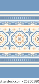 Magnificent Majolica illustration Weaves Embroidery Blue,Orange Ornament on Beige Background. Seamless Pattern Vector. Fleur de lis Geometric Design for Elegant textile design, Bed sheet, Silk Print, 