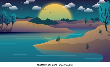 Magnificent morning natural landscape. A lake among the hilly shores with trees against the background of the rising sun in the sky with stars, clouds, flying birds. Author's work. Vector. 