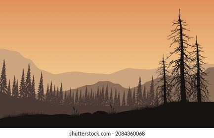 A magnificent mountain view with the silhouette of the pine trees from the edge of the city at dusk. Vector illustration of a city