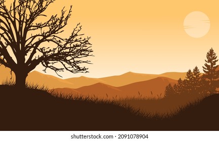 Magnificent mountain view with the silhouette of a small grass from the suburb at dusk. Vector illustration of a city