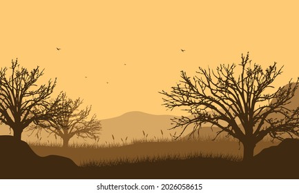 Magnificent mountain views with forest from the outskirts of town at sunset. Vector illustration of a city