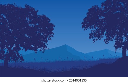 Magnificent mountain views in the morning from the edge of town. Vector illustration of a city
