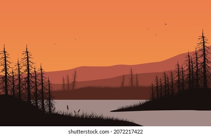 Magnificent mountain views with pine trees silhouetted from the riverbank at dusk. Vector illustration of a city