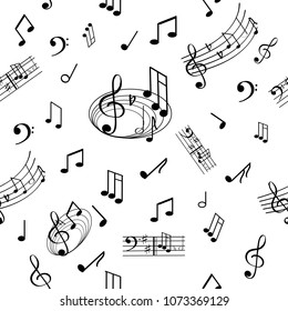A magnificent musical note, a seamless pattern on a white background.Splash, bass keys, notes in black color..Use for cloth, paper, posters.
