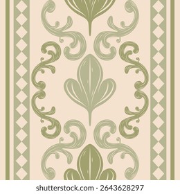 Magnificent Neo Classic Style with Olive Green Elaborate Scroll Geometric Ornament. Medieval Expression Abstract Leaf Petals Celadon Shades, Embroidery Filigree Intricate Mythology Royal Pattern Scarf