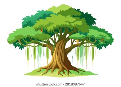 Magnificent old banyan tree with lush green foliage and hanging roots, symbolizing nature's strength and beauty on a clear white background.