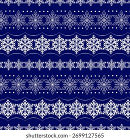 A magnificent ornament of openwork snowflakes.Vector seamless pattern with beautiful white snowflakes on a blue background.