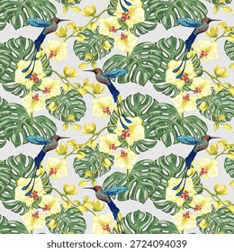 Un patrón magnífico con pájaros del paraíso y orquídeas. Patrón sin fisuras de Vector con pájaros coloridos del paraíso y orquídeas amarillas en hojas de palma.
