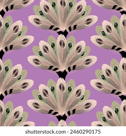 The magnificent peacock feathers are simplified to basic geometric shapes and lines that repeat in the fan motif. Vector seamless, vertical minimalist surface pattern on lavender background.