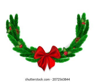 Magnificent pine garland with a red bow. Christmas design. Vector Christmas decoration. Pine tree garland with ornaments