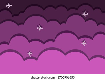 Magnificent purple "paper" clouds with small "paper" planes over them. 