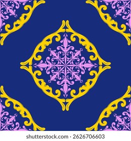 Magnífico Ornamento Detalhado Sem Costura Contraste Cor Rosa Amarelo no Fundo Azul Profundo. Elegância Magical Night Pattern Royal Style Design para Decoração Interior Azulejos Cerâmicos Mosaic Têxteis