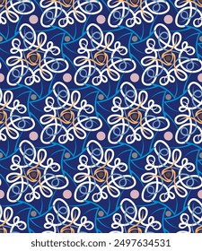 Magnificent seamless pattern. Overlapping art forms, stripes, polygons, segments are grouped and arranged in a certain order. Vector. 